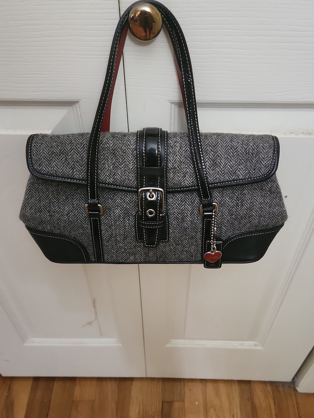 Gray Herringbone Tote Bag with Black Trim